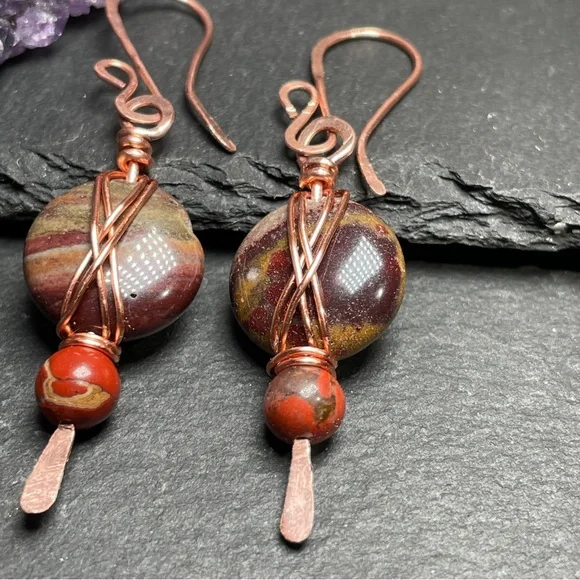 Artisan Copper and Earthy Agate and Jasper Stone Earrings - Picture 9 of 14